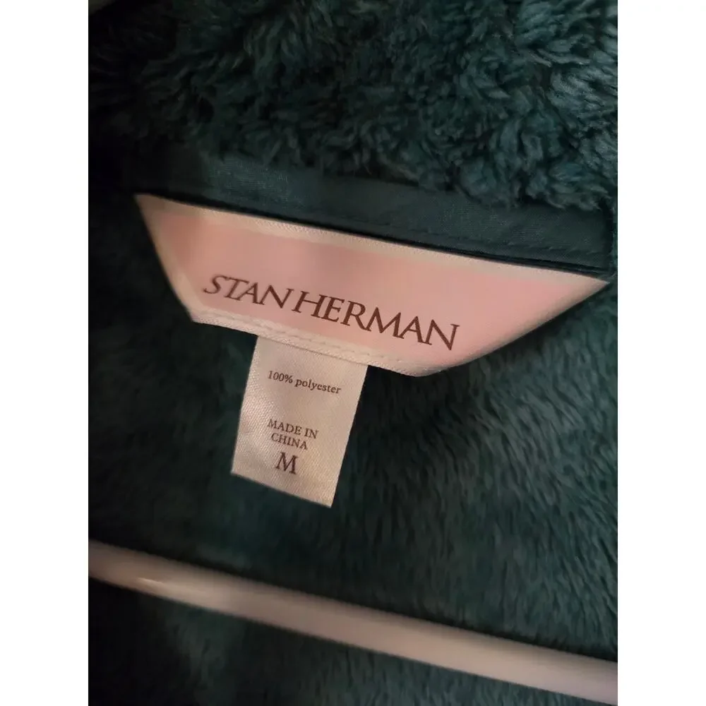 Stan Herman Medium Green Silky Shag Plush Tall Length Zip-Up Robe - Picture 3 of 7